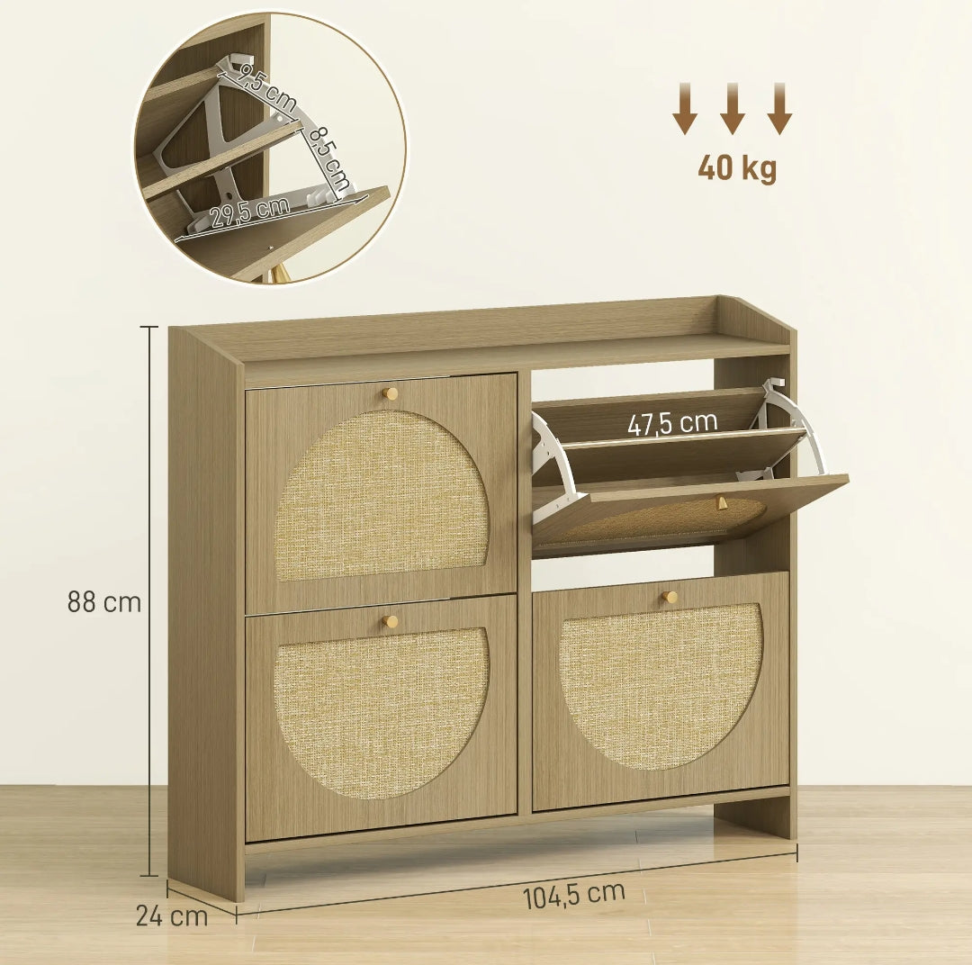 Zapatero Estrecho de Ratán para 16 Pares | Mueble Recibidor Nórdico 104,5 cm | MooM Decó