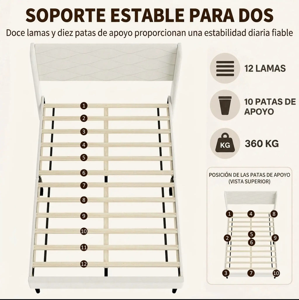Cama Tapizada Beige 140x200 con Cabecero de Alas | MooM Decó