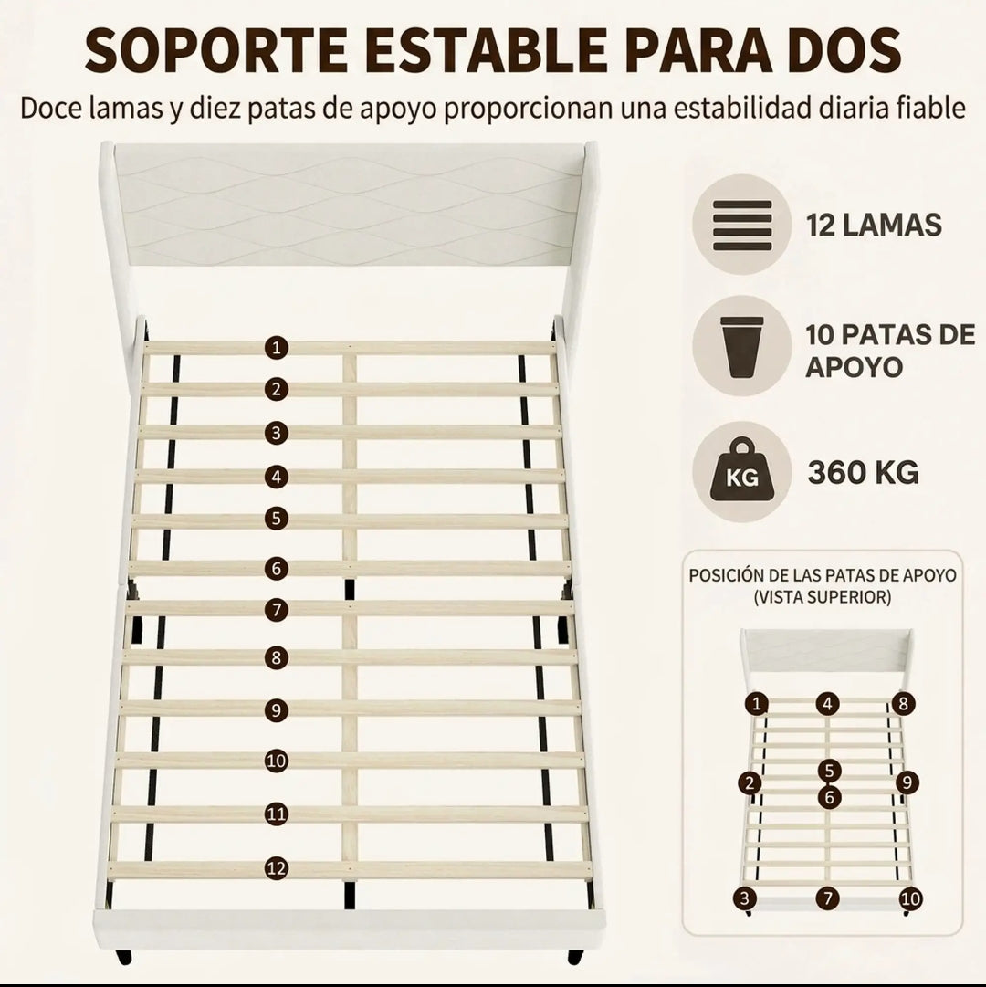 Cama Tapizada Beige 140x200 con Cabecero de Alas | MooM Decó