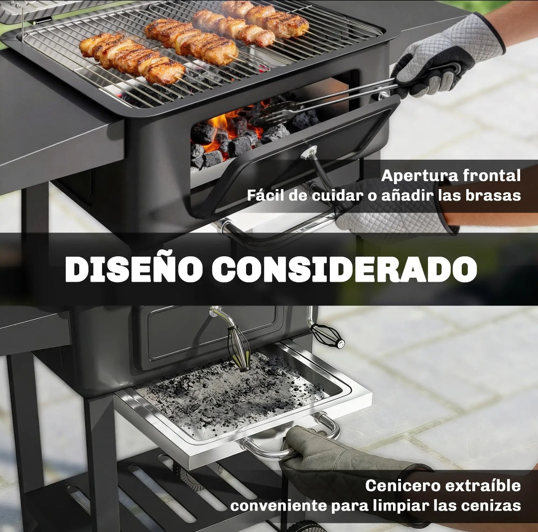 Barbacoa de Carbón con Tapa y Termómetro | Parrilla Regulable | MooM Decó