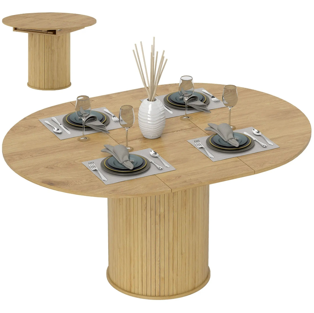 Mesa de Comedor Extensible Redonda a Ovalada para 6-8 Personas con Base Estriada y Acabado Madera Natural