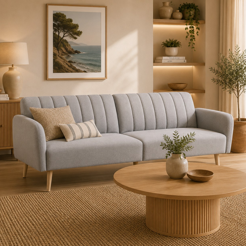 Sofá Cama Convertible de 3 Plazas con Respaldos Reclinables múltiposición y Patas de Madera Estilo Nórdico
