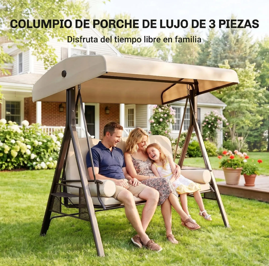 Balancín de Jardín 3 Plazas con Toldo, Cojines y Bandejas Laterales Beige