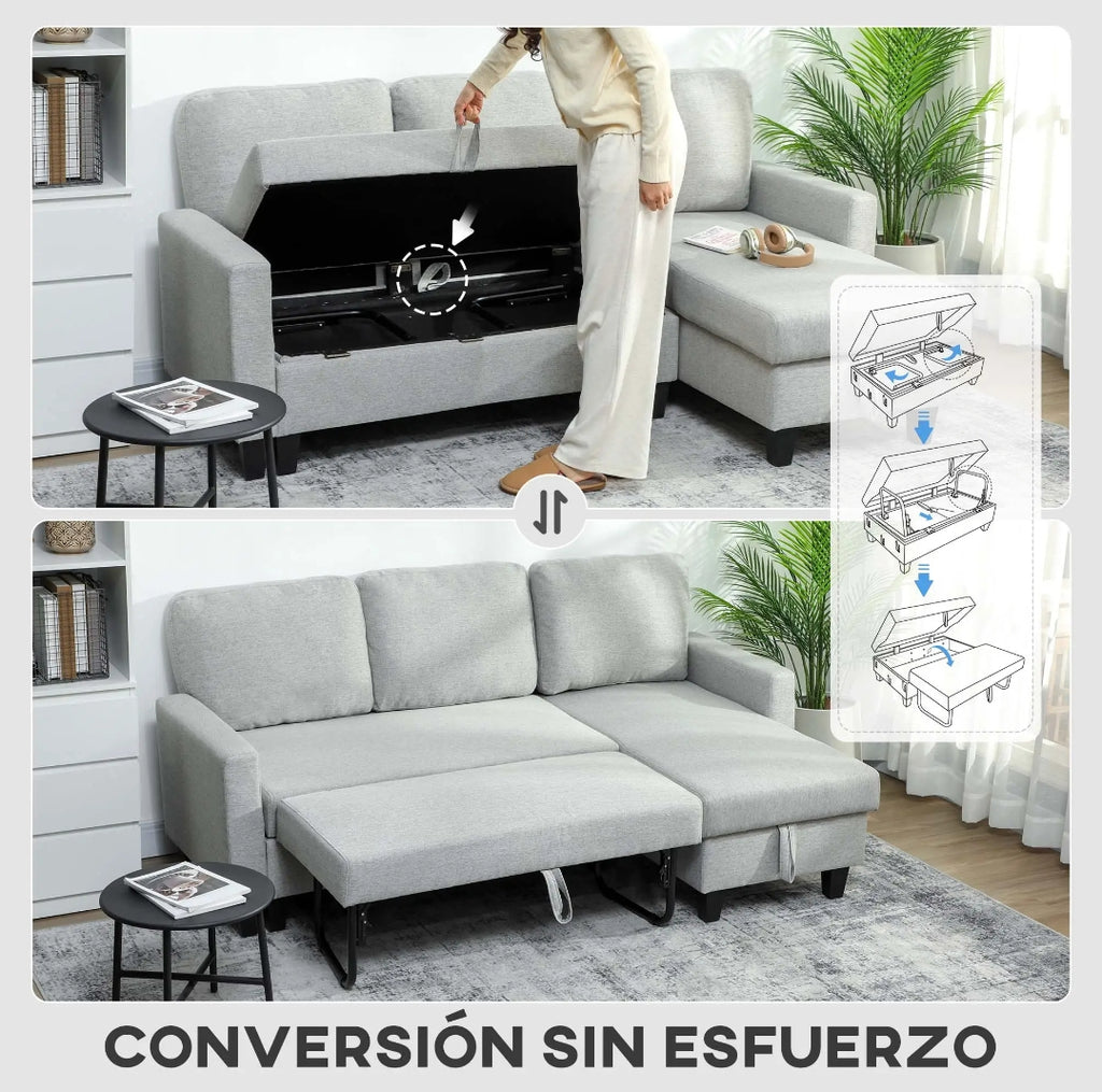 Sofá Cama Chaise Longue Reversible con Arcón Gris | MooM Decó