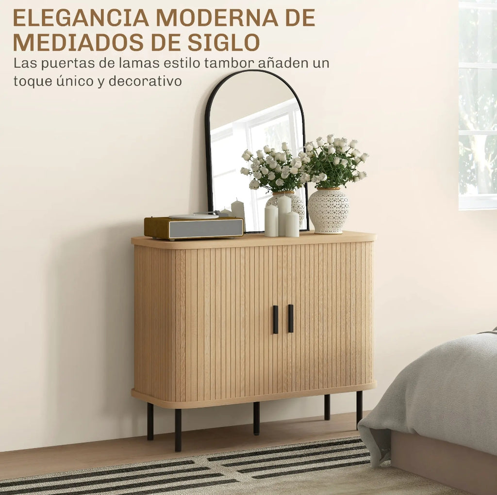 Aparador Vintage Roble y Negro con Puertas Correderas de Tambor 90 cm