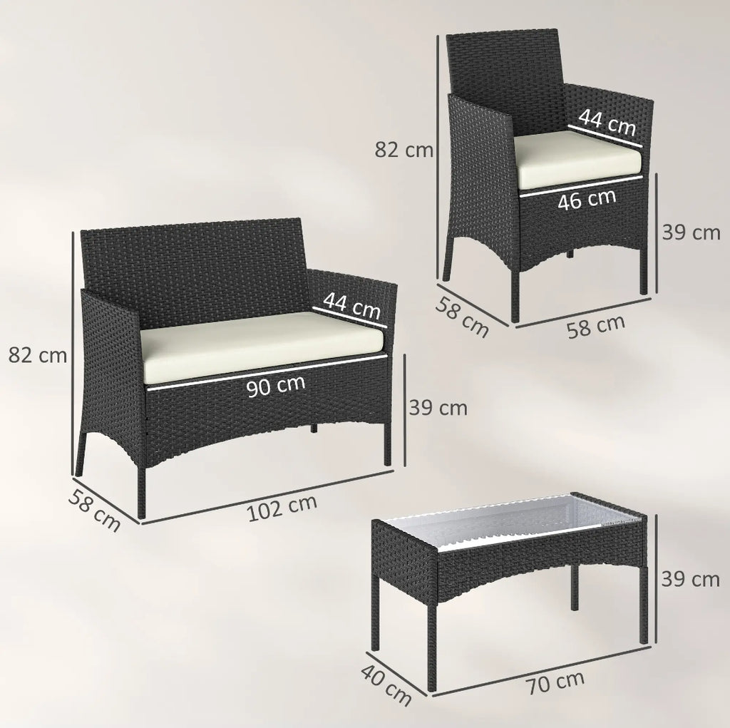 Conjunto de Jardín de Ratán Sintético 4 Piezas con Sofá, Sillones y Mesa de Cristal