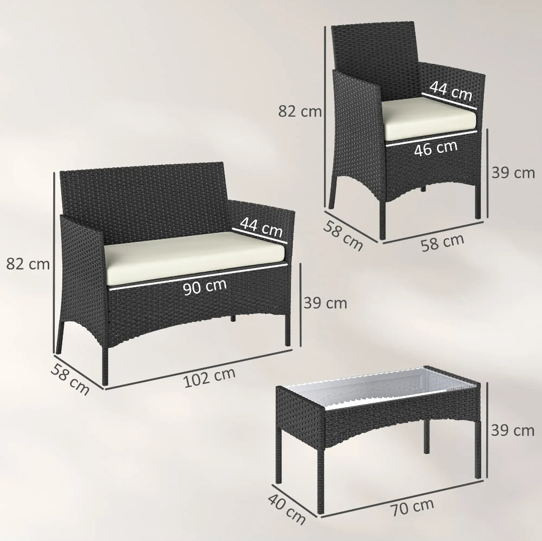Conjunto de Jardín de Ratán Sintético 4 Piezas con Sofá, Sillones y Mesa de Cristal