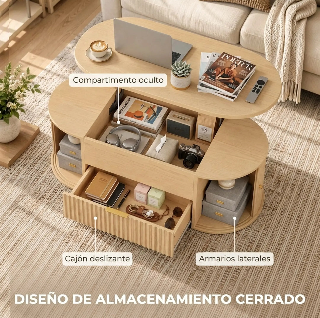 Mesa de Centro Elevable Roble 100 cm con Almacenaje | MooM Decó