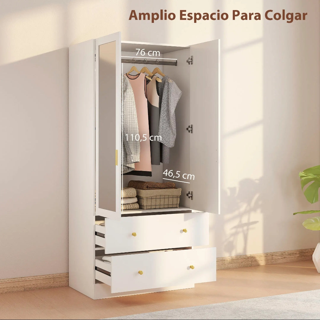 Armario Ropero Blanco con Espejo y 2 Cajones 180 cm | MooM Decó
