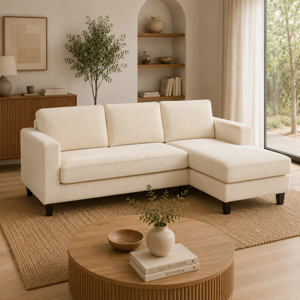Sofá Chaise Longue de 3 Plazas en Pana Beige 214 cm | MooM Decó