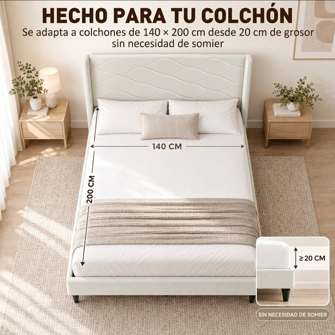Cama Tapizada Beige 140x200 con Cabecero de Alas | MooM Decó