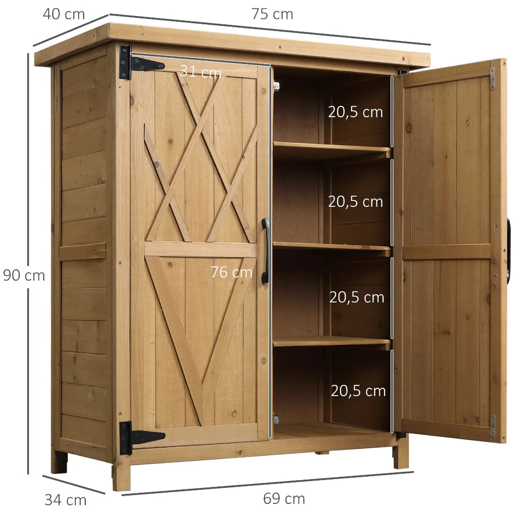 Armario de Exterior de Madera con 4 Estantes y Techo Galvanizado para Jardín y Terraza 75x40x90 cm