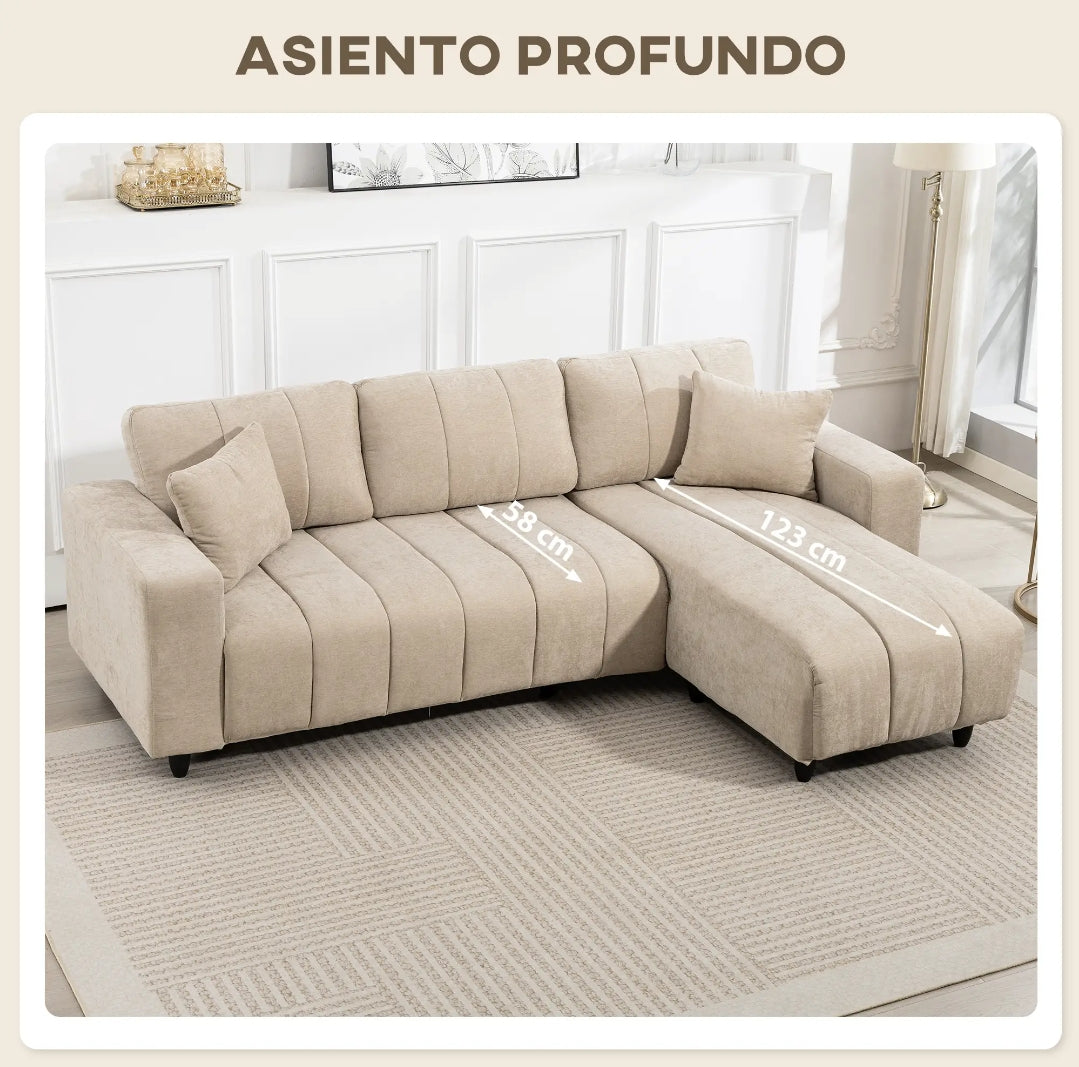 Sofá Chaise Longue Reversible 3 Plazas Beige 242 cm con Muelles Ensacados y 2 Almohadas