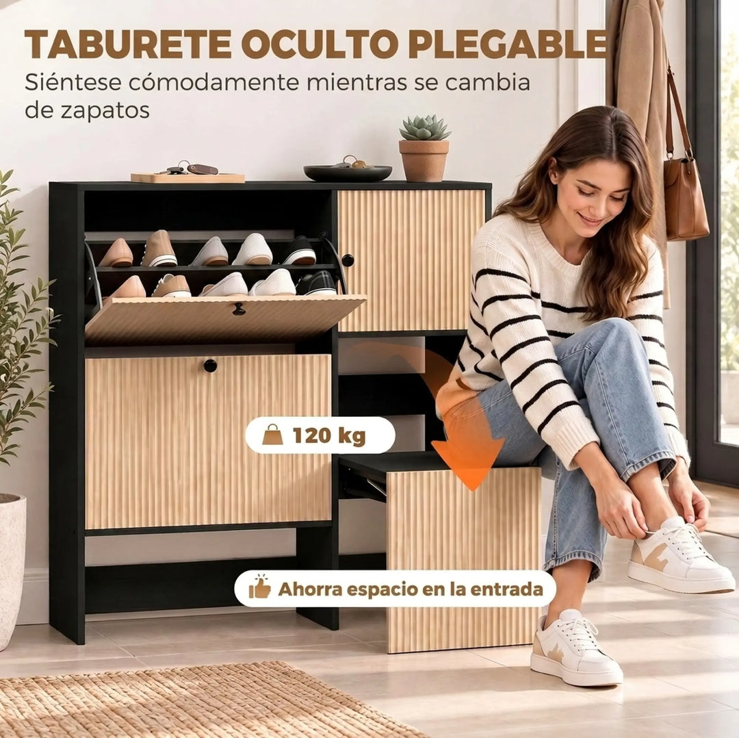 Zapatero Estrecho con Asiento Oculto 100 cm Roble y Negro | MooM Decó