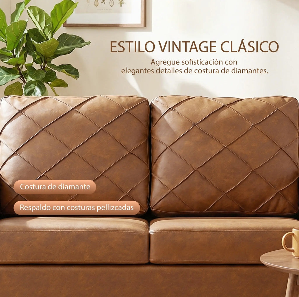 Sofá de 2 Plazas PU Marrón Vintage con Patas de Madera | MooM Decó