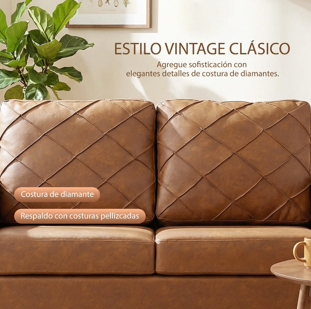 Sofá de 2 Plazas PU Marrón Vintage con Patas de Madera | MooM Decó
