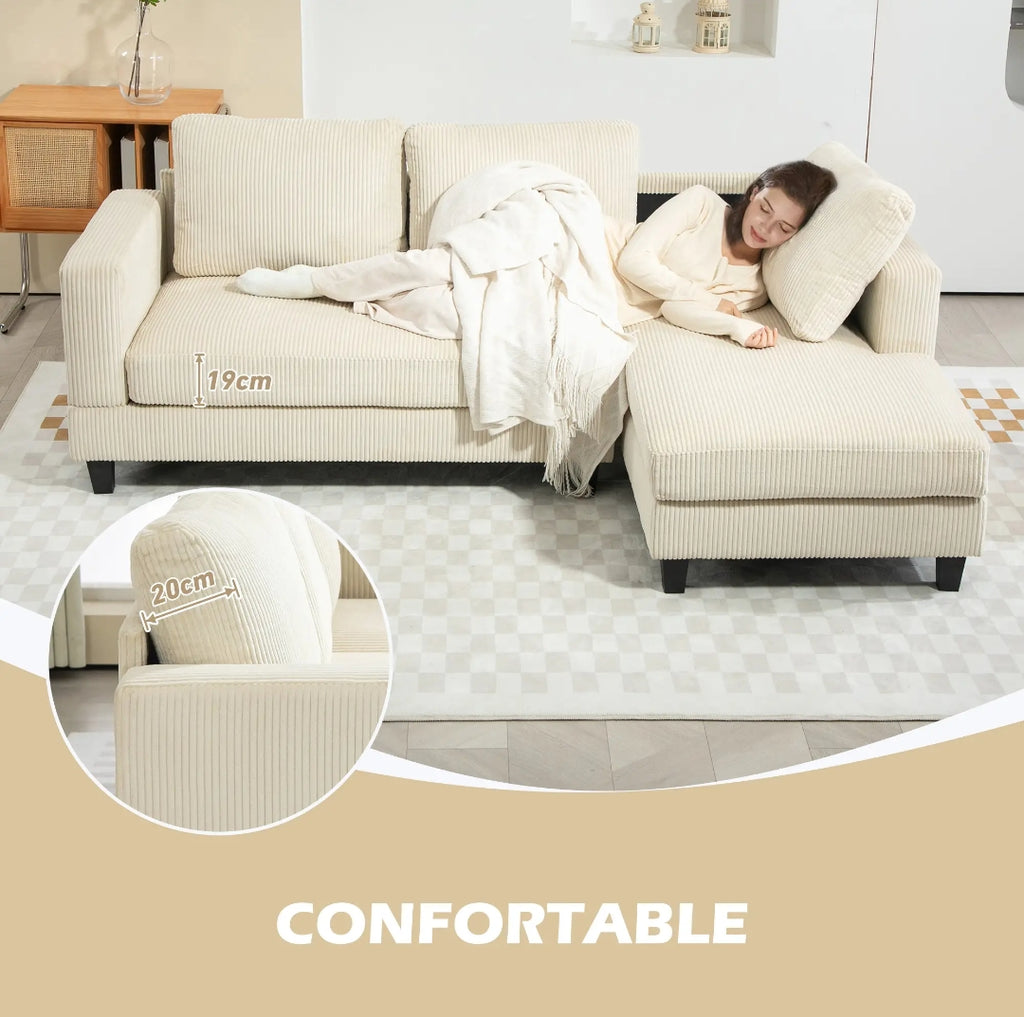 Sofá Chaise Longue de 3 Plazas en Pana Beige 214 cm | MooM Decó