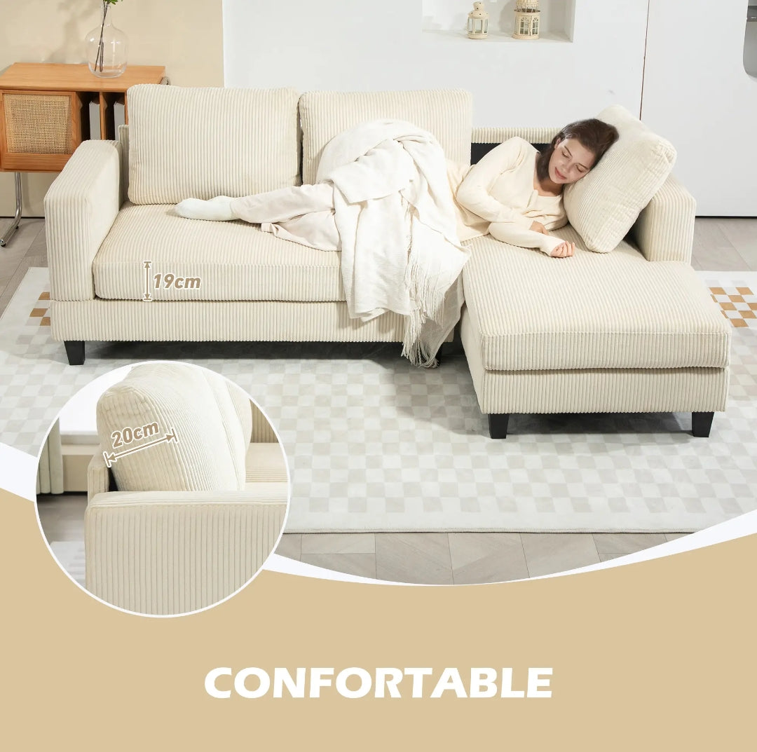 Sofá Chaise Longue de 3 Plazas en Pana Beige 214 cm | MooM Decó