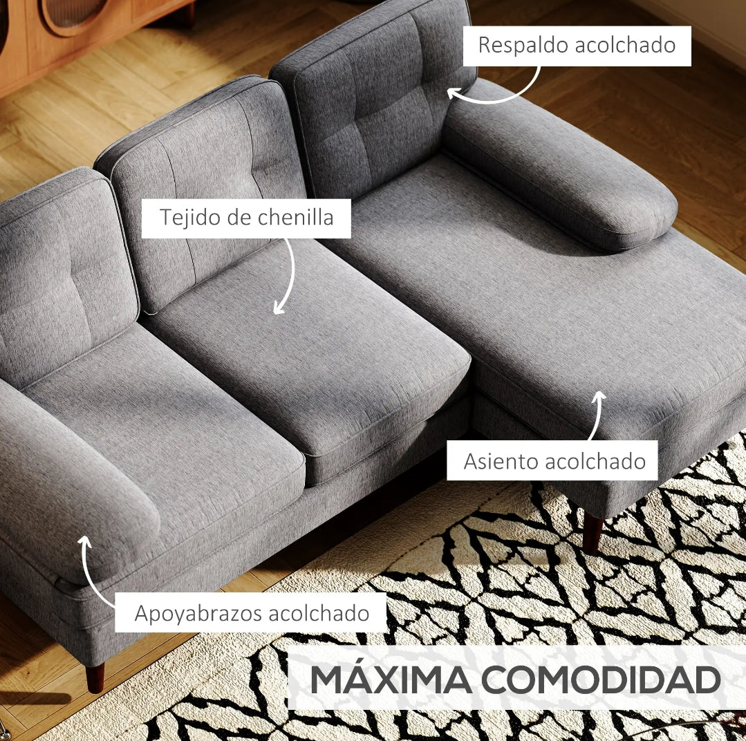 Sofá Esquinero con Chaise Longue Derecha de Chenilla Gris 215 cm | MooM Decó