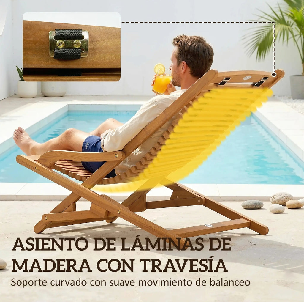 Tumbona Plegable de Madera de Acacia con Reposapiés Desmontable y Cojín Acolchado