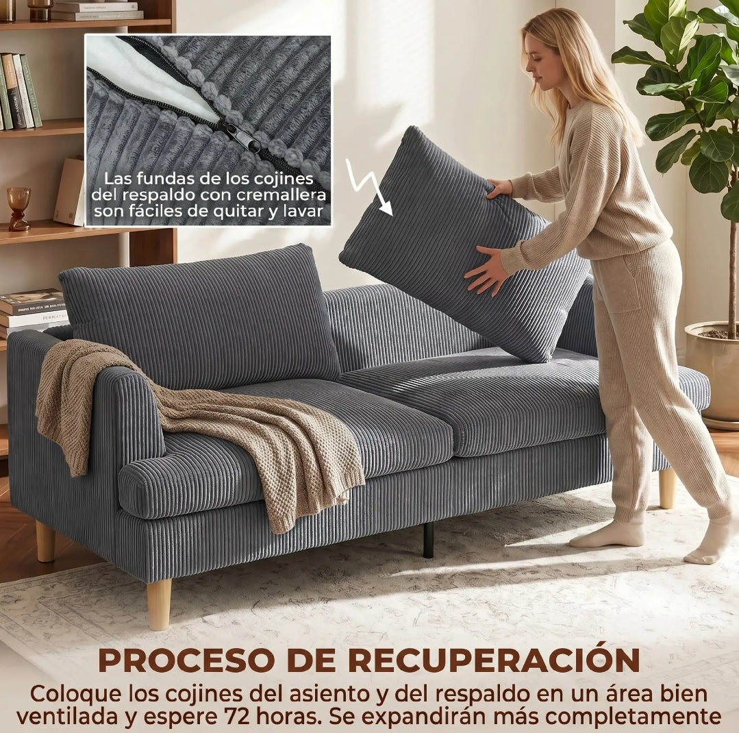 Sofá de 3 Plazas en Pana Gris Oscuro con Muelles Ensacados | MooM Decó
