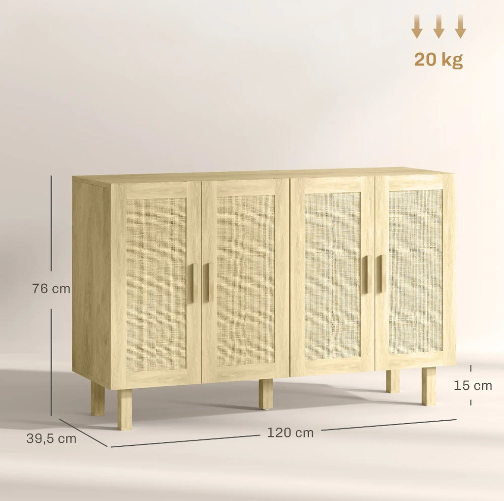 Aparador Cannage de 4 Puertas con Estantes Ajustables Estilo Boho Natural 120 cm