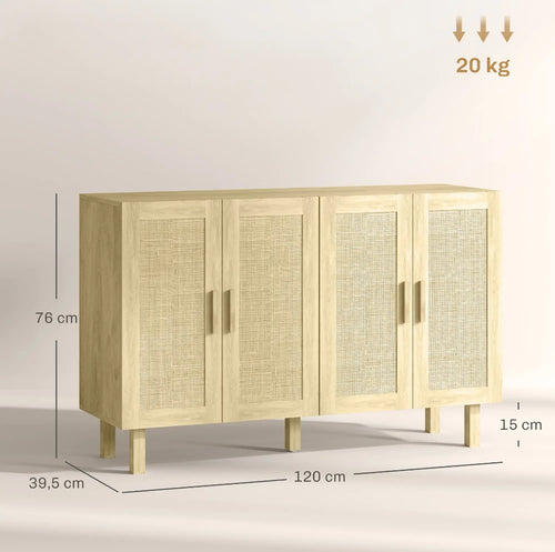Aparador Cannage de 4 Puertas con Estantes Ajustables Estilo Boho Natural 120 cm