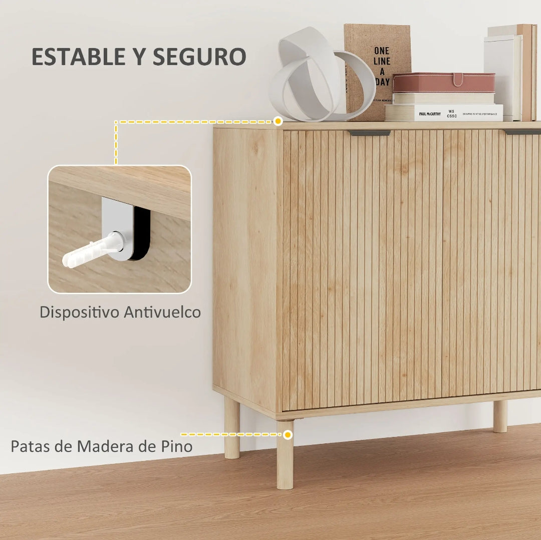 Aparador de Roble con Puertas de Lamas, Estante Ajustable y Patas de Madera Maciza