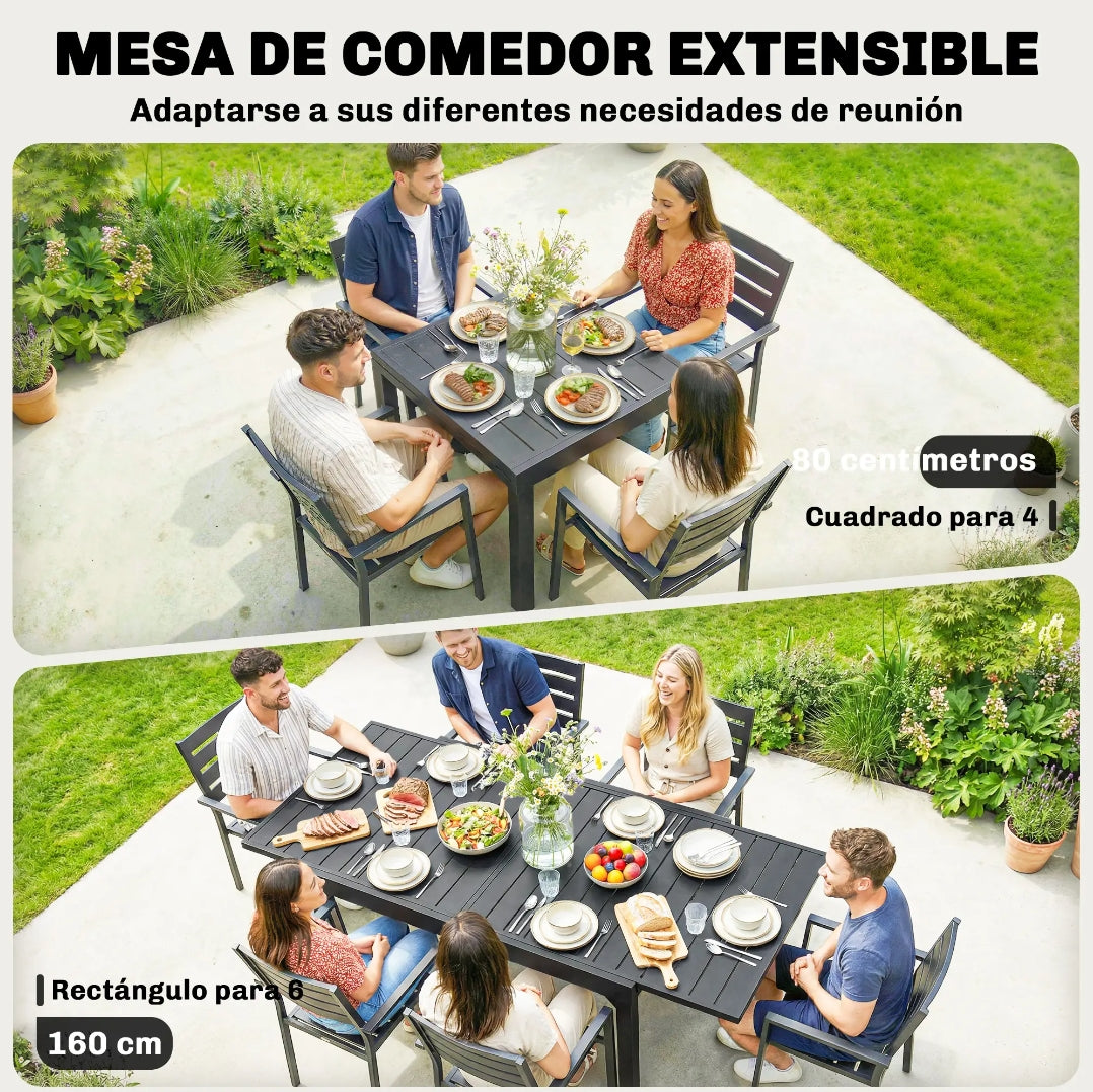 Mesa de Jardín Extensible de Aluminio para 4-6 Personas 80-160 cm Negra para Terraza y Exterior
