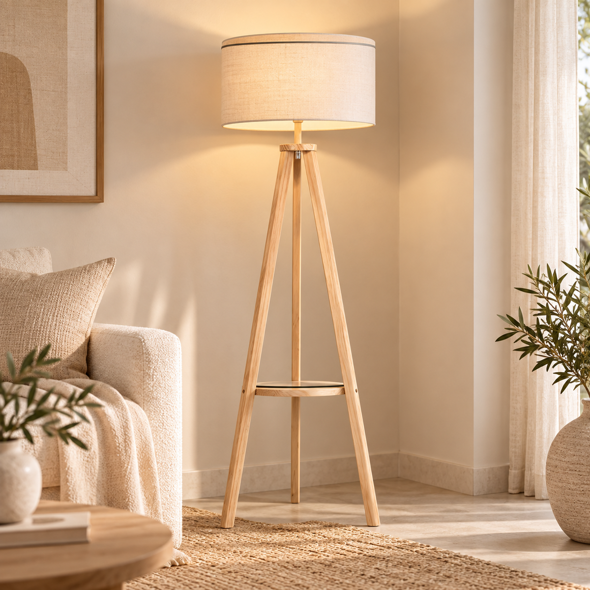 Lámpara de Pie Trípode Madera y Beige 154 cm | MooM Decó