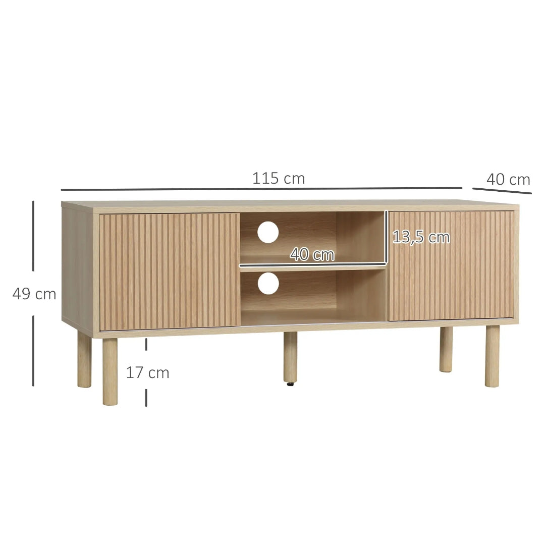 Mueble TV Nórdico con Puertas Correderas y Estantes Abiertos Efecto Madera 115x40x49 cm