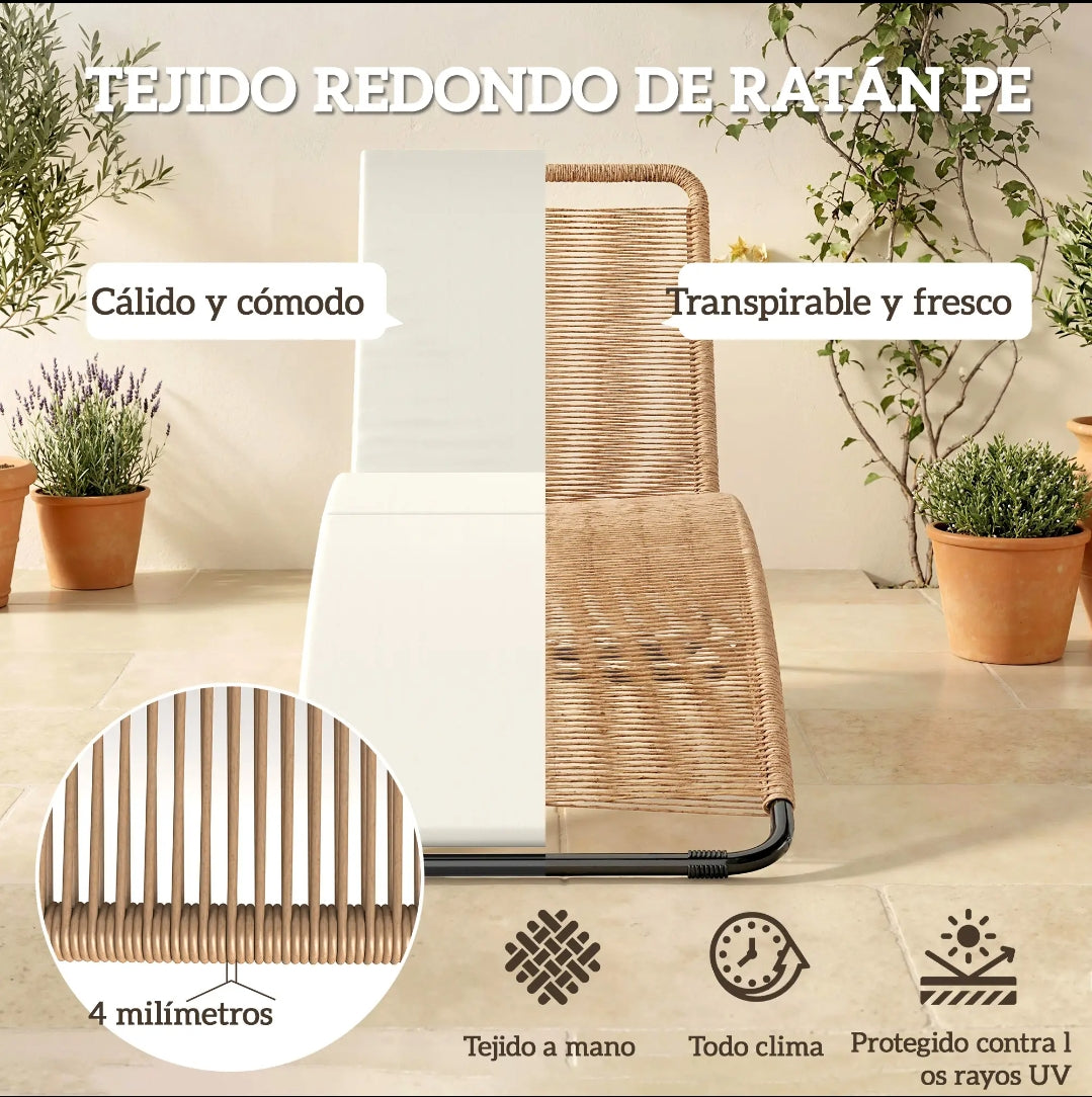 Tumbona de Jardín Ergonómica de Ratán PE con Cojín Largo y Diseño en S para Terraza y Piscina