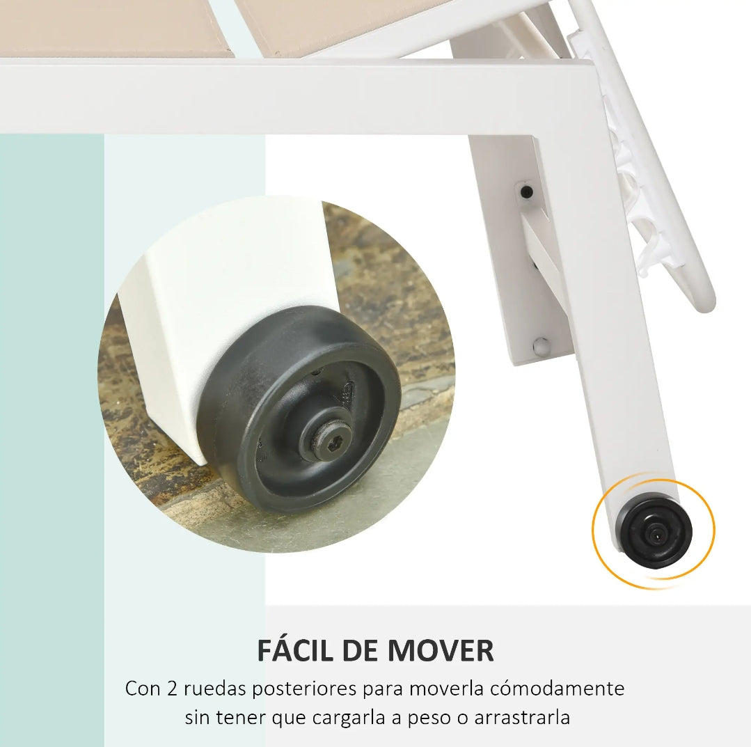 Tumbona Reclinable de Aluminio con Ruedas y Tejido Texteline para Jardín y Piscina