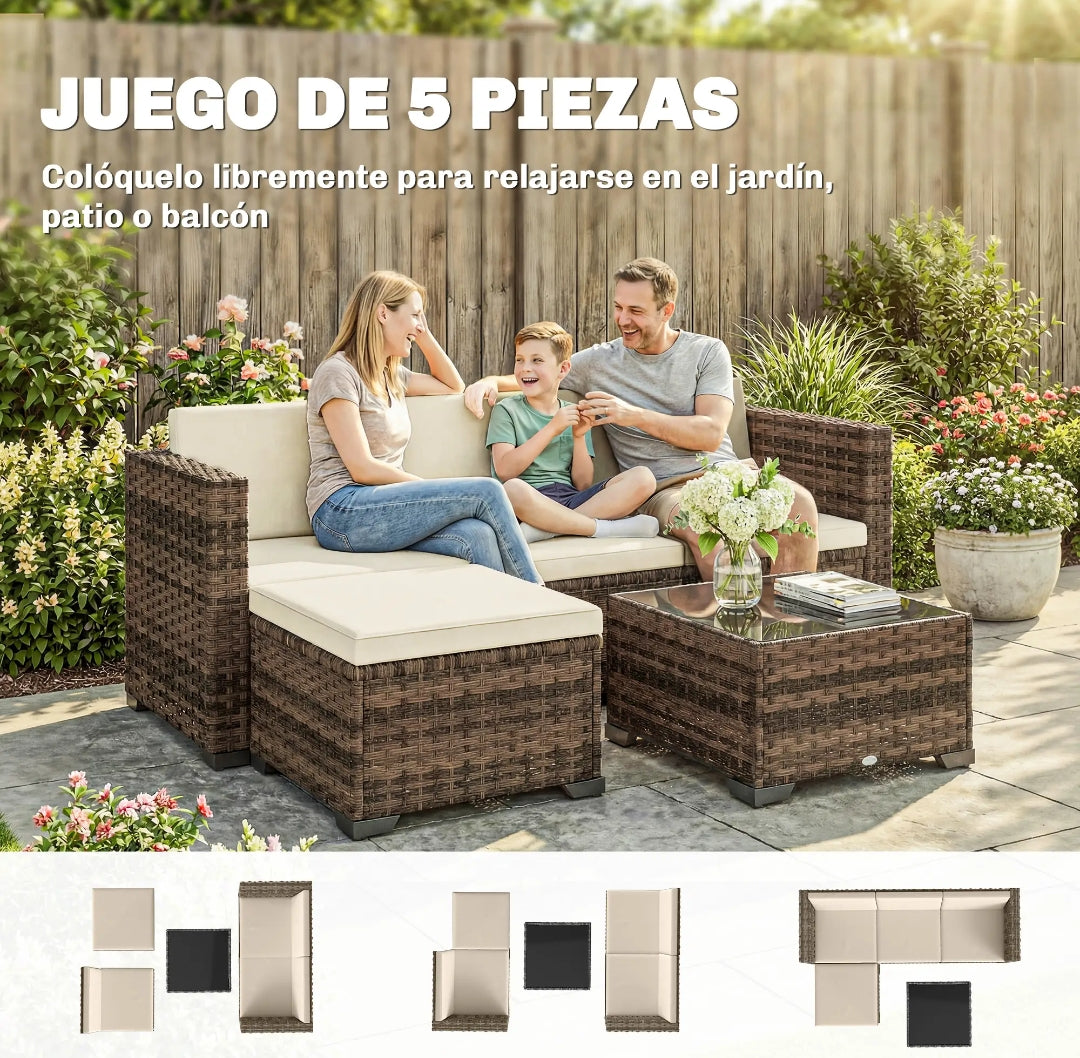 Conjunto Jardín Modular Ratán 5 Piezas con Mesa y Cojines | MooM Decó