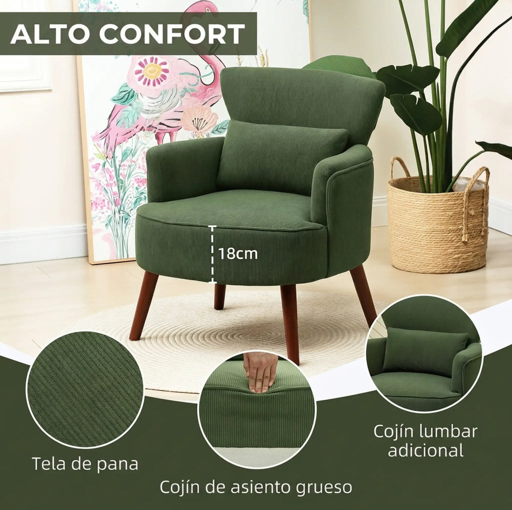Sillón Verde de Pana con Cojín Lumbar y Patas de Madera | MooM Decó