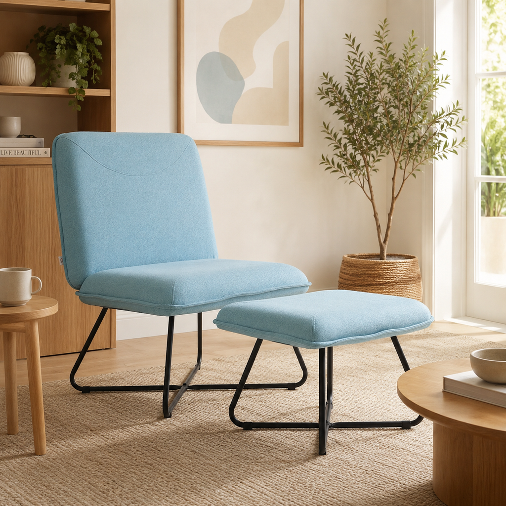 Butaca con Reposapiés Azul Claro | Sillón de Lectura Moderno con Patas de Acero