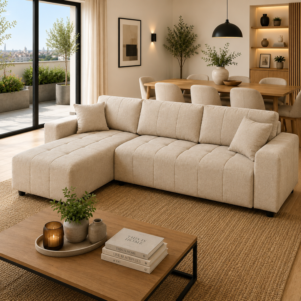 Sofá Chaise Longue Reversible 3 Plazas Beige 242 cm con Muelles Ensacados y 2 Almohadas