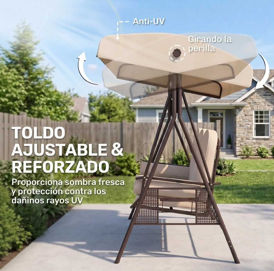 Balancín de Jardín 3 Plazas con Toldo, Cojines y Bandejas Laterales Beige