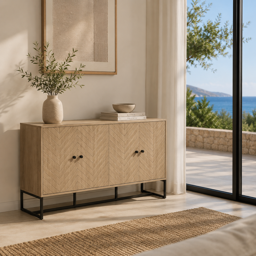 Aparador Chevron Roble con 4 Puertas | Mueble Auxiliar Salón 140,5 cm | MooM Decó