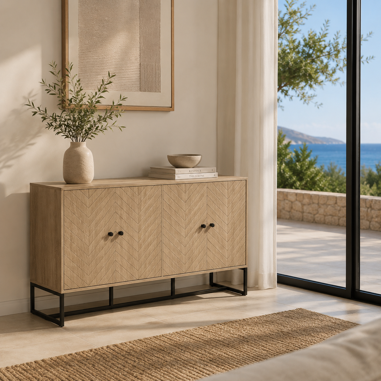 Aparador Chevron Roble con 4 Puertas | Mueble Auxiliar Salón 140,5 cm | MooM Decó