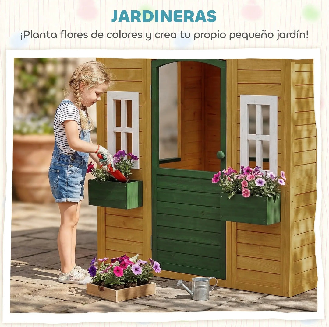 Casita Infantil de Madera para Jardín con Jardineras y Ventanas | 134,5x97x150 cm | MooM Decó