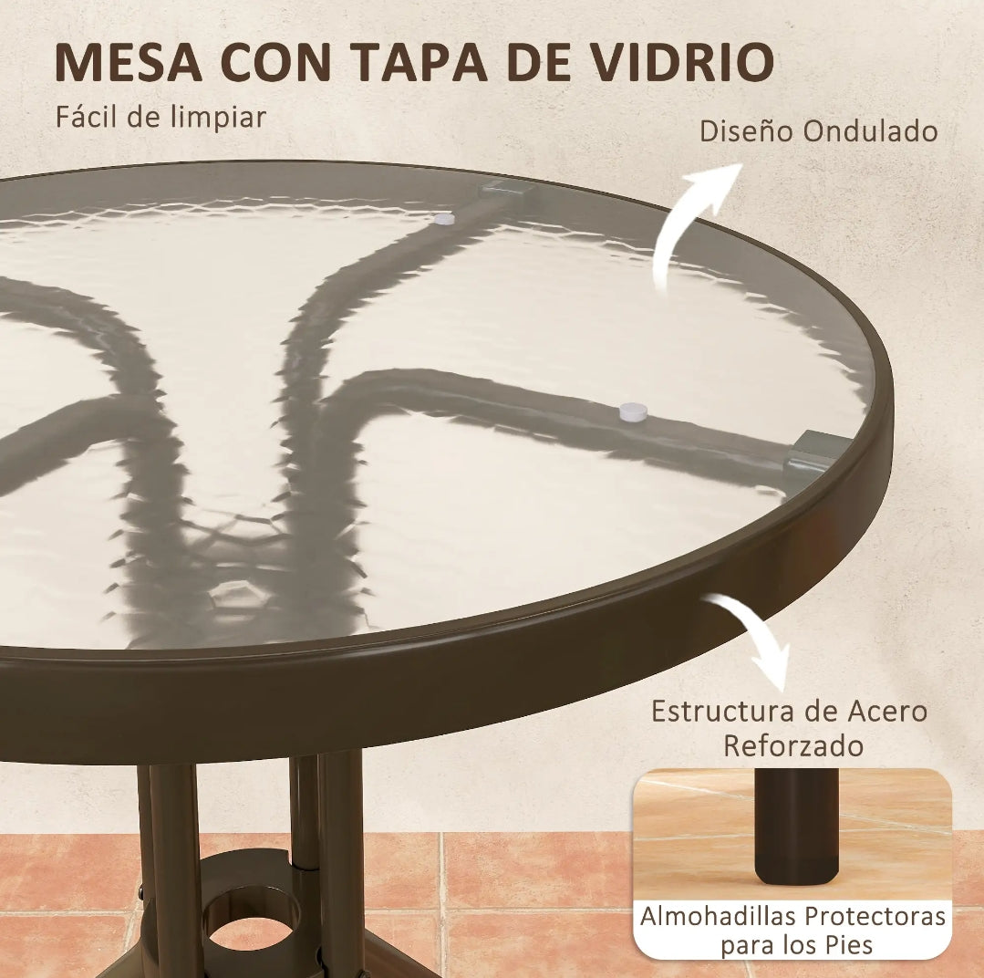 Conjunto de Jardín Bistro 3 Piezas con 2 Sillas Apilables y Mesa Redonda de Cristal Templado