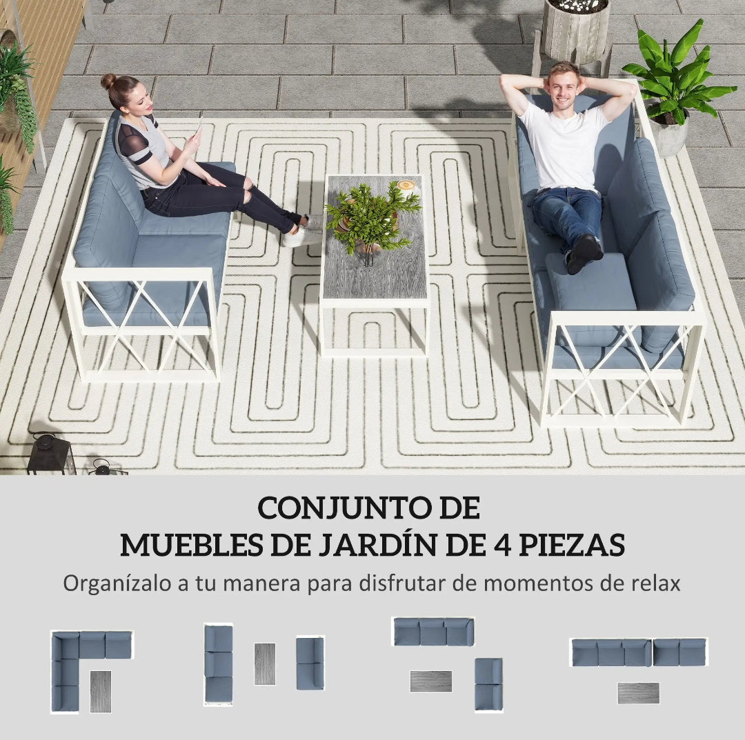 Conjunto de Jardín Modular 5 Plazas con Tumbona Reclinable, Sofás y Mesa de Centro Efecto Madera