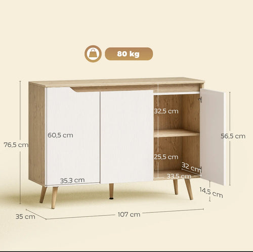 Aparador Nórdico Blanco y Roble con 3 Puertas y Estantes Ajustables para Salón y Comedor