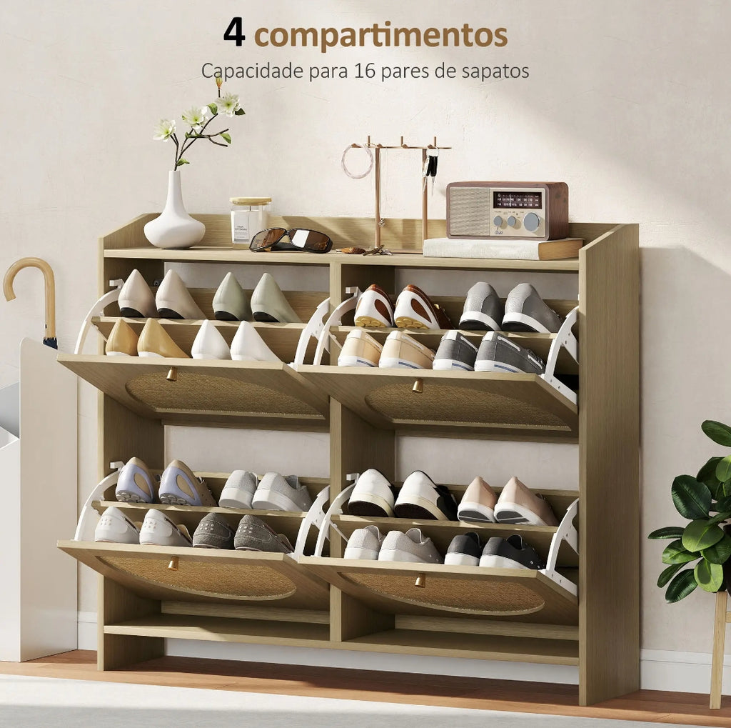 Zapatero Estrecho de Ratán para 16 Pares | Mueble Recibidor Nórdico 104,5 cm | MooM Decó