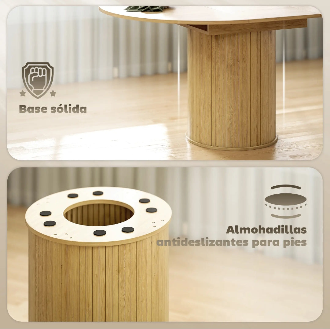Mesa de Comedor Extensible Redonda a Ovalada para 6-8 Personas con Base Estriada y Acabado Madera Natural