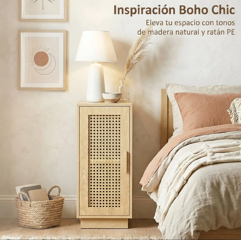 Juego de 2 Mesitas de Noche Boho con Puerta de Ratán Natural | MooM Decó