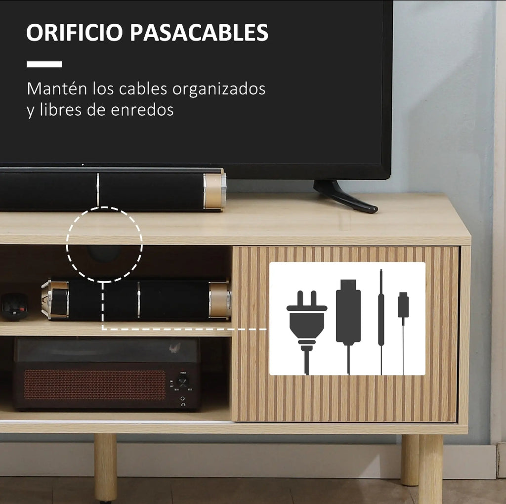 Mueble TV Nórdico con Puertas Correderas y Estantes Abiertos Efecto Madera 115x40x49 cm