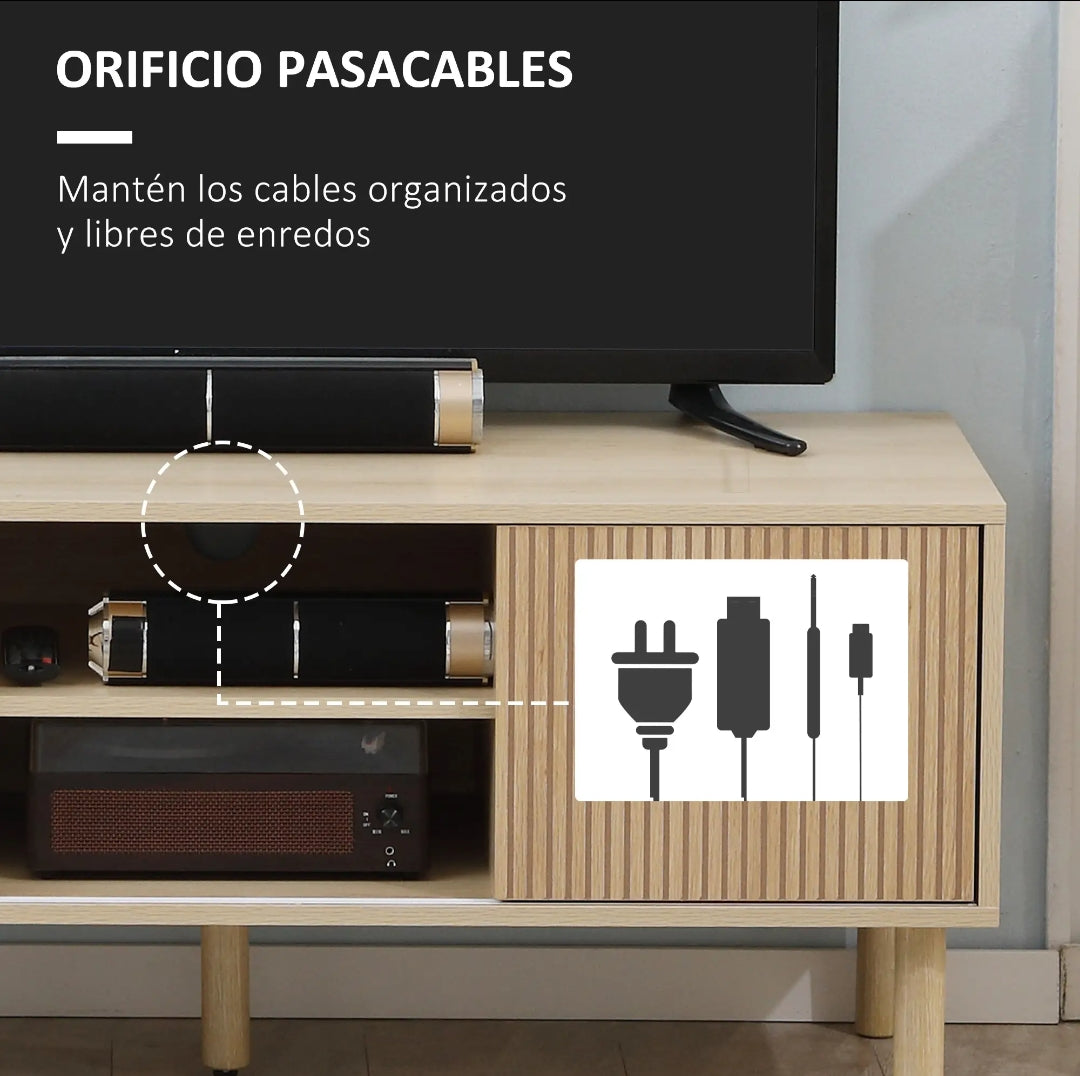 Mueble TV Nórdico con Puertas Correderas y Estantes Abiertos Efecto Madera 115x40x49 cm