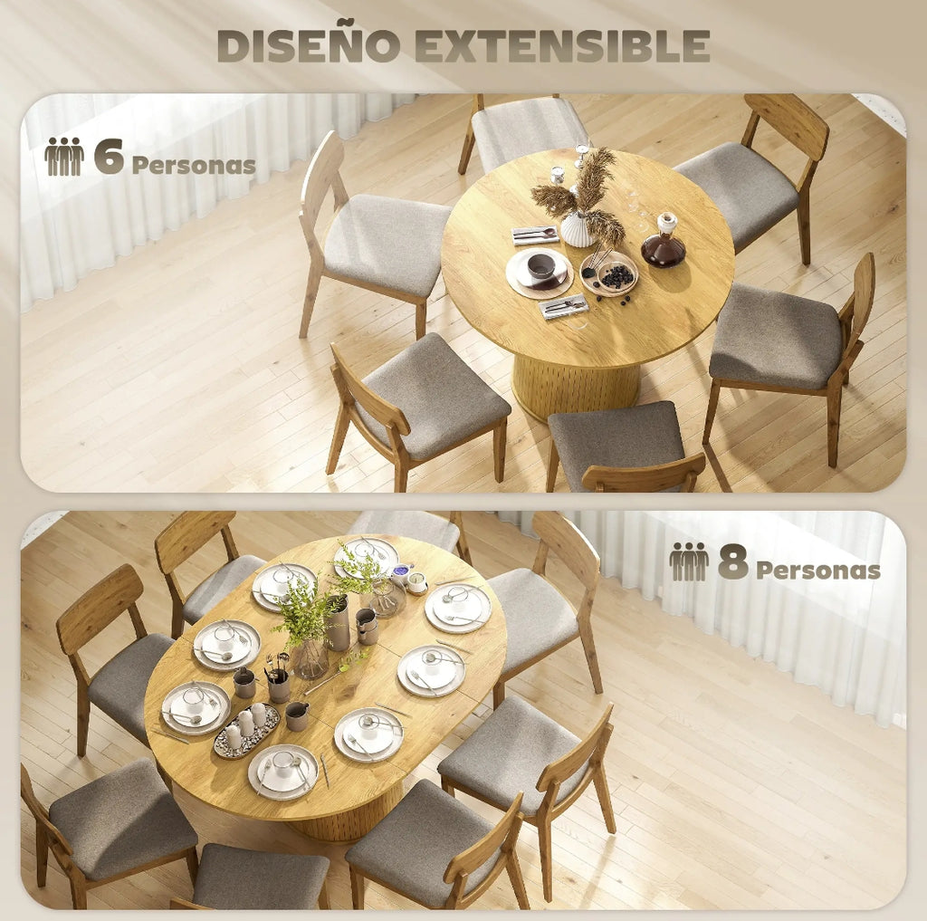 Mesa de Comedor Extensible Redonda a Ovalada para 6-8 Personas con Base Estriada y Acabado Madera Natural